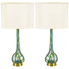 Pair of Murano Blue and Green Ribbon Glass Table Lamps