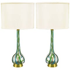 Pair of Murano Blue and Green Ribbon Glass Table Lamps