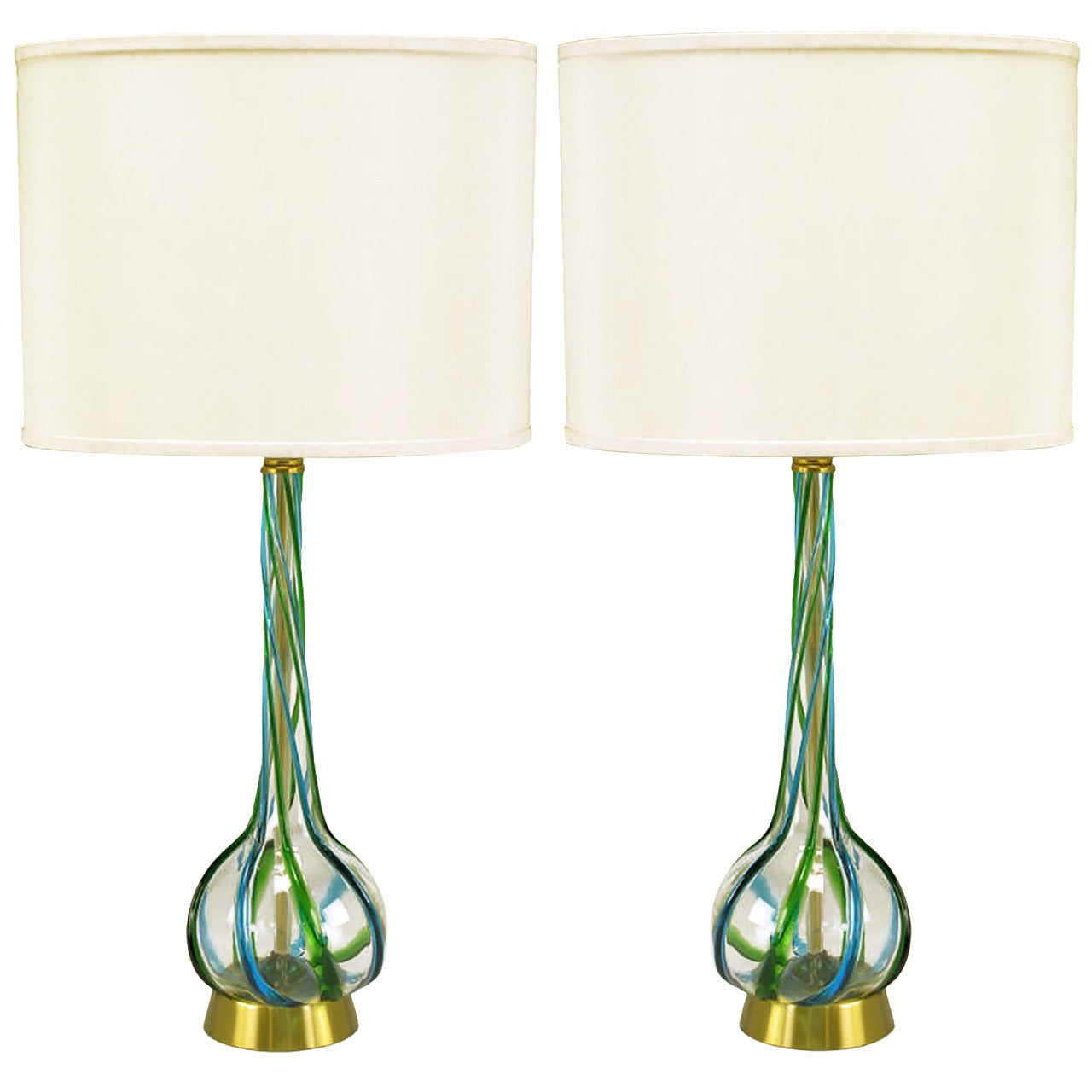 Pair of Murano Blue and Green Ribbon Glass Table Lamps