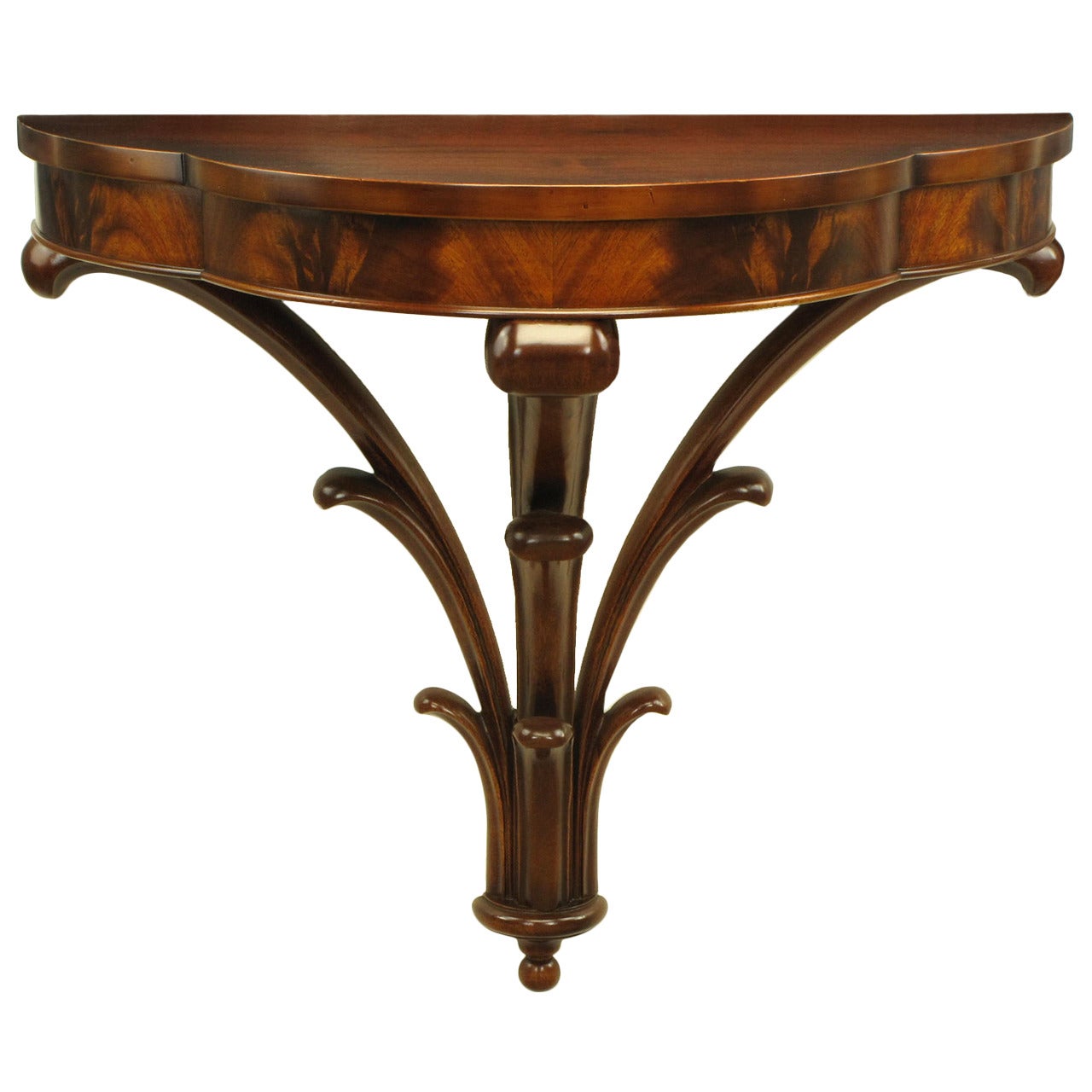1940s Bookmatched Mahogany Demilune Wall Console with Plume Base