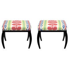 Pair of Interior Crafts Black Lacquer and Ikat Benches 10