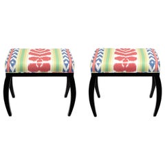 Pair of Interior Crafts Black Lacquer and Ikat Benches