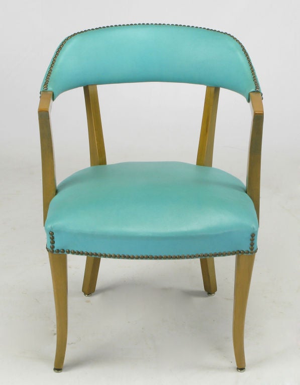 Pair Art Deco Bleached Mahogany & Tuquoise Arm Chairs 1