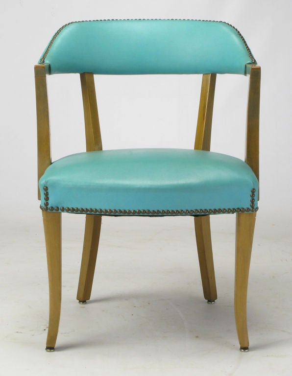 Pair Art Deco Bleached Mahogany & Tuquoise Arm Chairs 2