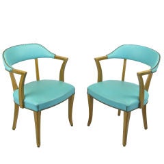 Pair Art Deco Bleached Mahogany & Tuquoise Arm Chairs