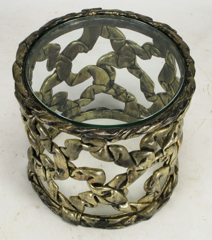 American Cylindrical End Table Of Reticulated Silver Leaf Lucite