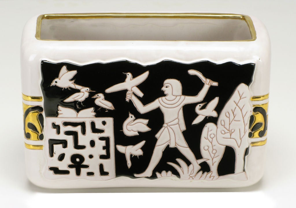 Rectangular Italian ceramic vessel with Egyptian characters and hieroglyphics. White, black and gilt hand carved ceramic rectangular vase.