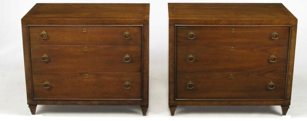 Pair Mastercraft Walnut & Burl Three Drawer Regency Commodes
