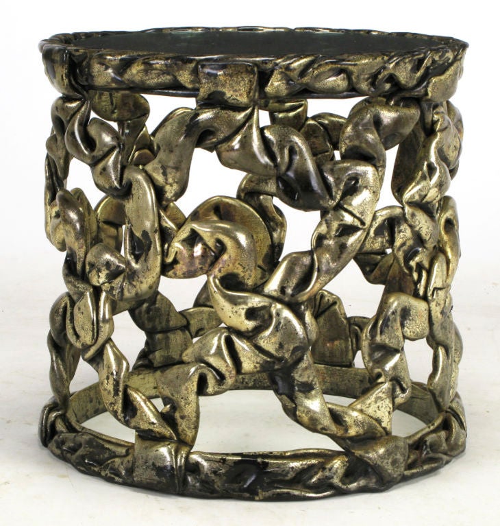 Late 20th Century Cylindrical End Table Of Reticulated Silver Leaf Lucite