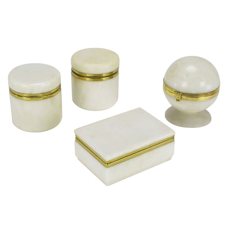Set Of Four Italian White Alabaster 
Brass Containers