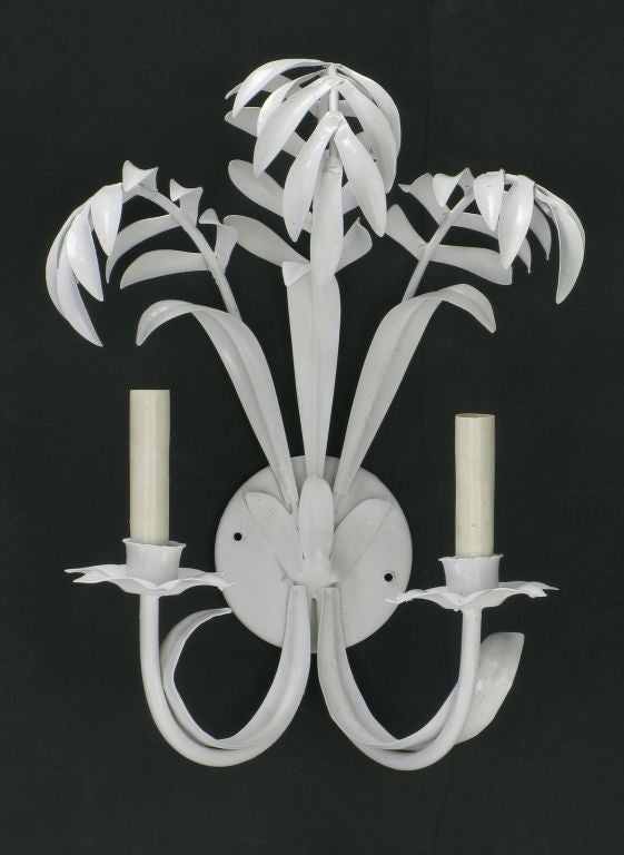 Pair of double arm palm leaf sconces in fresh white lacquered tole metal. The round back plates are fixed and the flower style bobeches are pierced at each petal to accommodate hanging crystals, which are not included.