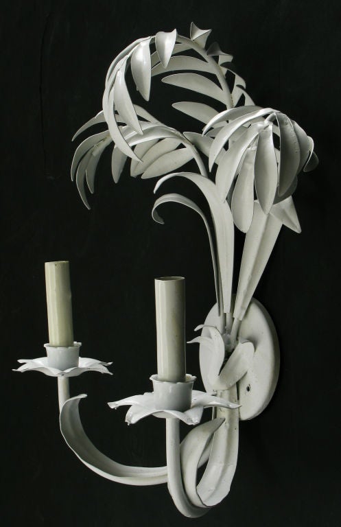 Mid-20th Century Pair Italian White Lacquered Double Arm Tole Metal Palm Sconces