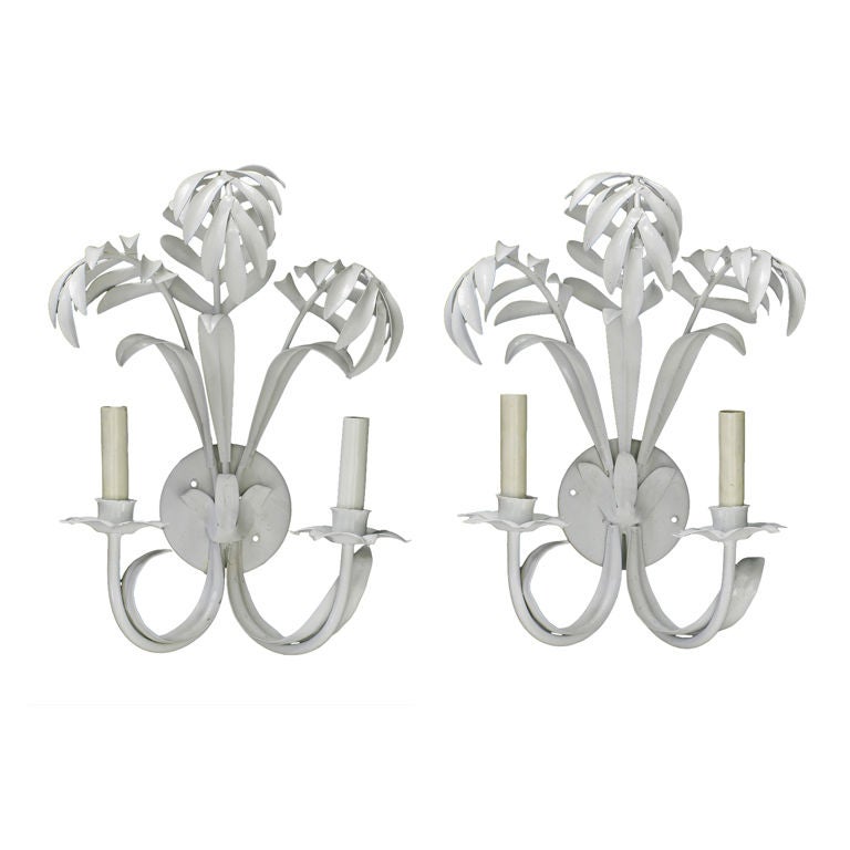 Pair Italian White Lacquered Double Arm Tole Metal Palm Sconces