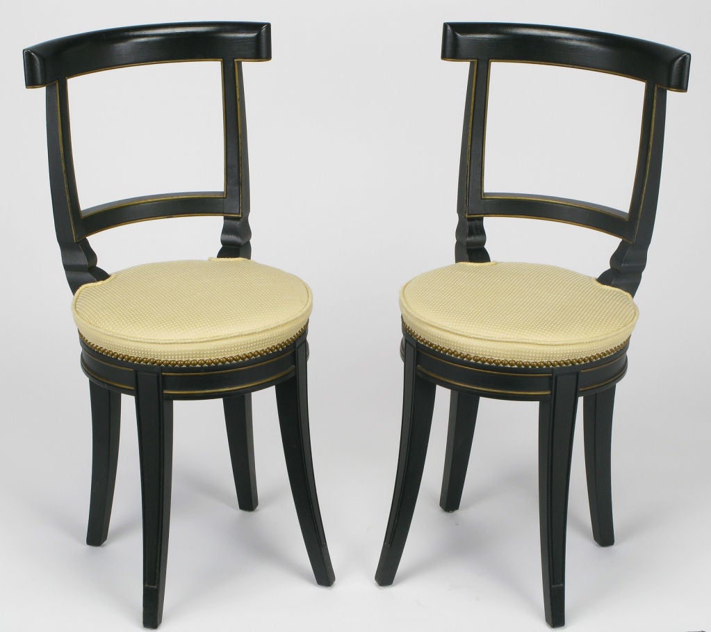 Pair Baker Black Lacquer Saber Legged Side Chairs