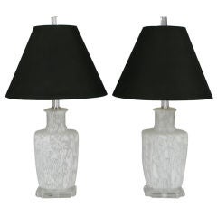 Pair Hand Blown White & Clear Murano Glass Table Lamps