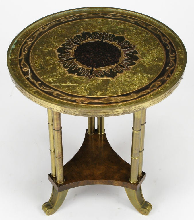 Mastercraft Brass & Burled  Side Table With Gilt Sunflower Top