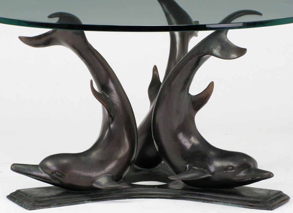 American Cast Bronze & Glass Triple Dolphin Coffee Table