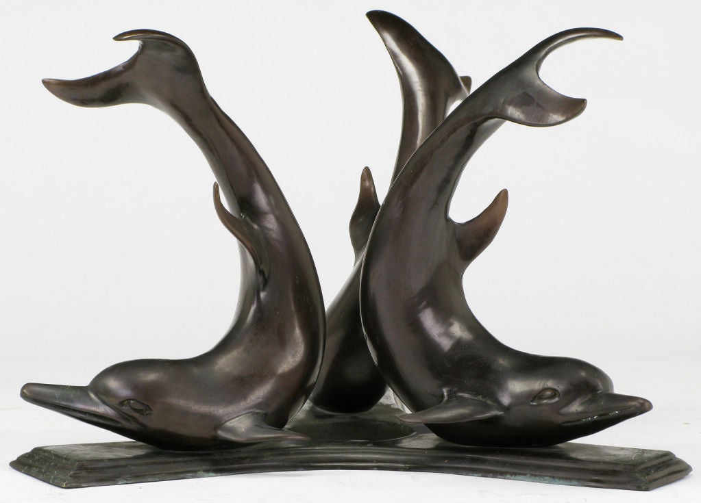 Late 20th Century Cast Bronze & Glass Triple Dolphin Coffee Table