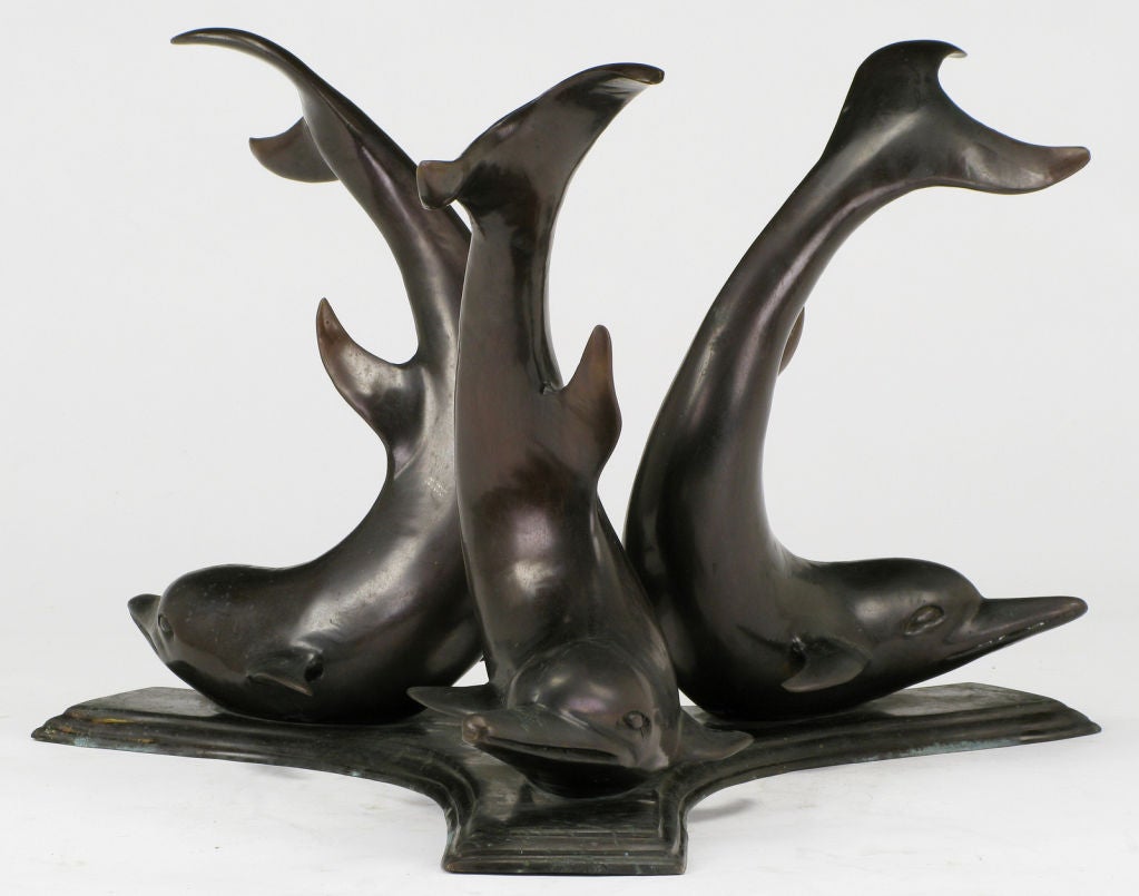 Cast Bronze & Glass Triple Dolphin Coffee Table 1