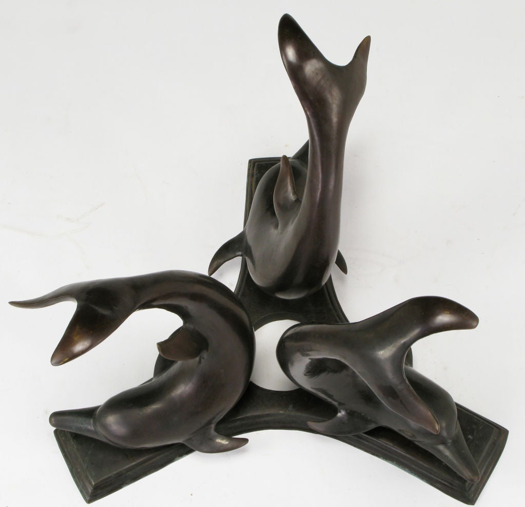 Cast Bronze & Glass Triple Dolphin Coffee Table 3