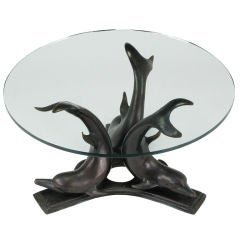 Cast Bronze & Glass Triple Dolphin Coffee Table