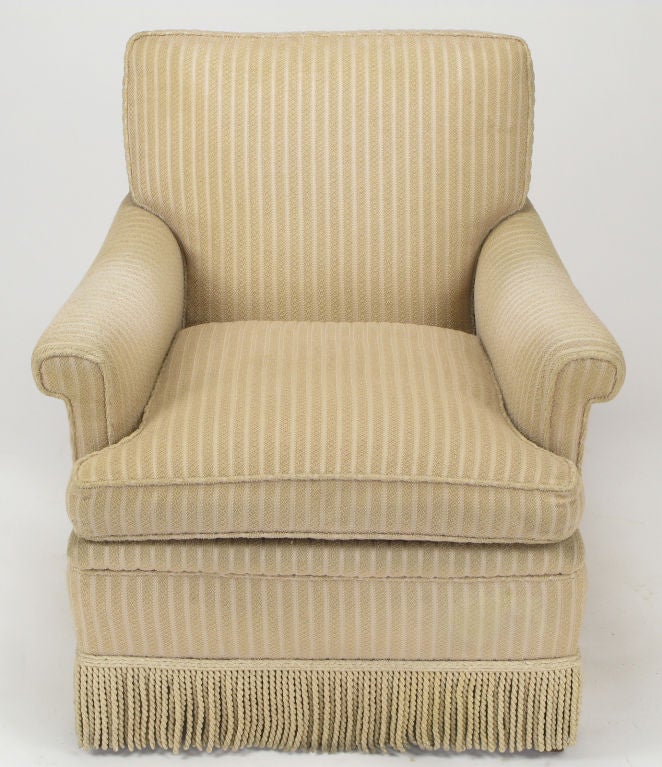 American Pair Rolled Arm Club Chairs In Taupe Cut Wool & Corded Skirt