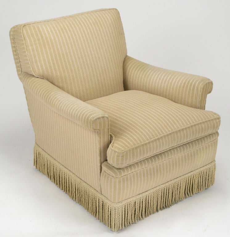 Mid-20th Century Pair Rolled Arm Club Chairs In Taupe Cut Wool & Corded Skirt