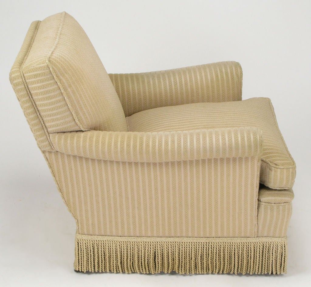 Wood Pair Rolled Arm Club Chairs In Taupe Cut Wool & Corded Skirt