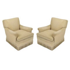 Pair Rolled Arm Club Chairs In Taupe Cut Wool & Corded Skirt