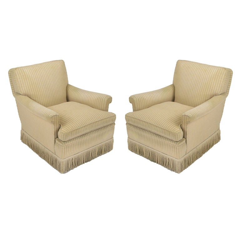 Pair Rolled Arm Club Chairs In Taupe Cut Wool & Corded Skirt