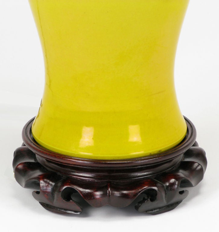 Mid-20th Century Pair Saffron Yellow Ceramic Vase Form Table Lamps