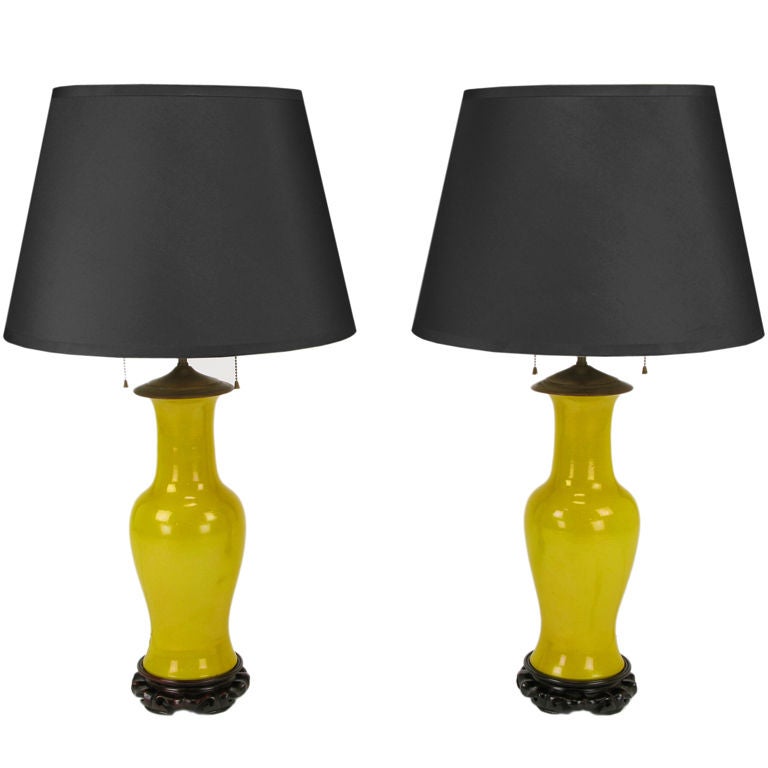 Pair Saffron Yellow Ceramic Vase Form Table Lamps