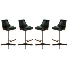 Retro Four Walnut & Steel Bar Stools With Cantilevered Footrests
