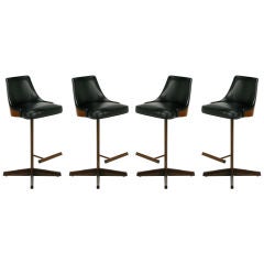 Four Walnut & Steel Bar Stools With Cantilevered Footrests