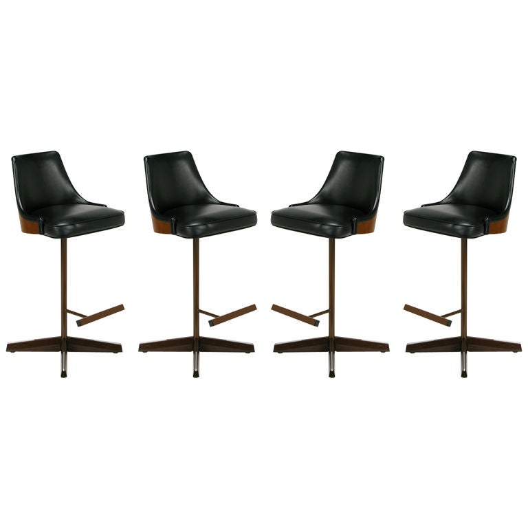 Four Walnut & Steel Bar Stools With Cantilevered Footrests