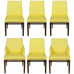 Set 6 Edward Wormley Yellow Lattice Print & Walnut Dining Chairs