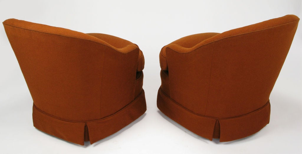 Wood Pair Burnt Umber Button Tufted Wool Swivel Chairs