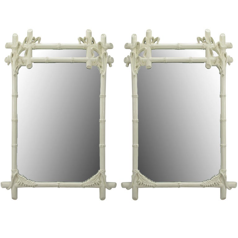 Pair Gampel-Stoll White Lacquered Stylized Faux Bamboo Mirrors