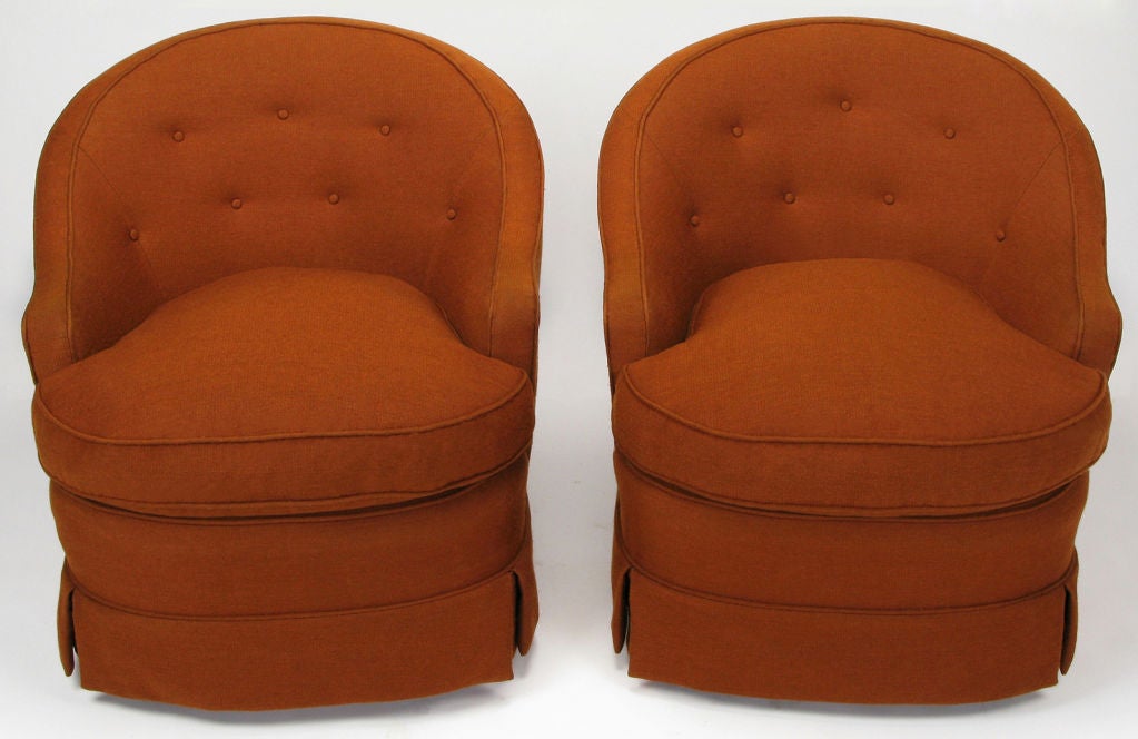 American Pair Burnt Umber Button Tufted Wool Swivel Chairs