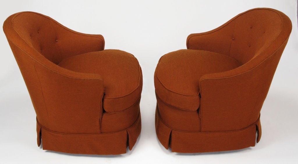 Mid-20th Century Pair Burnt Umber Button Tufted Wool Swivel Chairs