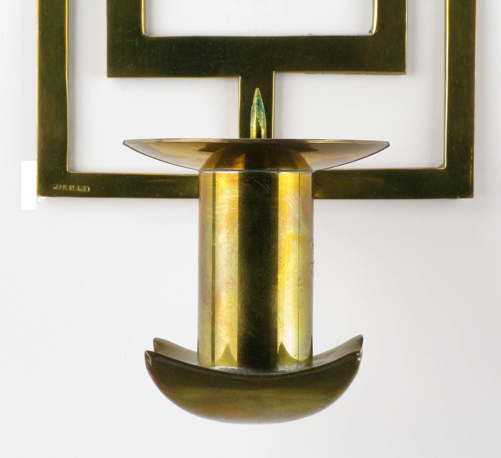 Mid-20th Century Pair Large Cast Brass Spanish Geometric Candle Sconces