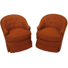 Pair Burnt Umber Button Tufted Wool Swivel Chairs