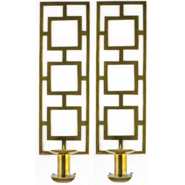 Pair Large Cast Brass Spanish Geometric Candle Sconces