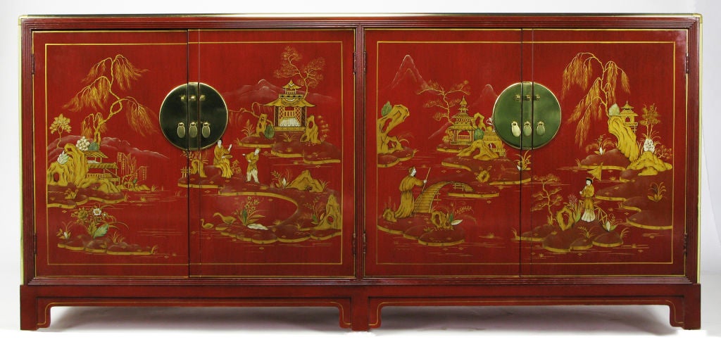 Mid-20th Century Baker Red Glazed & Asian Scene Far East Collection Sideboard
