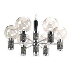 Vintage Chrome & Smoked Glass Chandelier With Cast Foliate Relief Detail