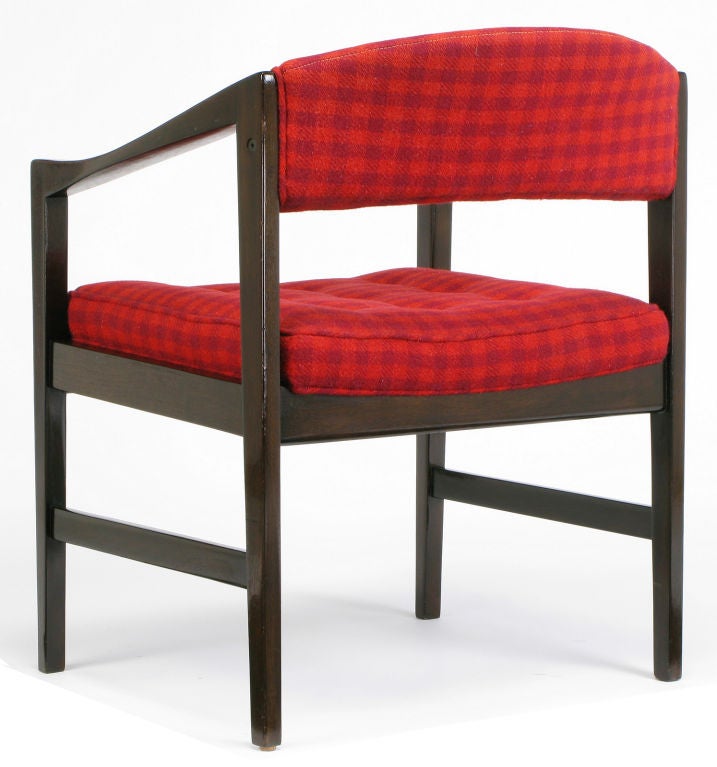 Mid-20th Century Dunbar Walnut & Crimson Check Upholstered Arm Chair For Sale