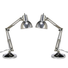 Pair Articulated Chrome & Spun Aluminum Desk Lamps