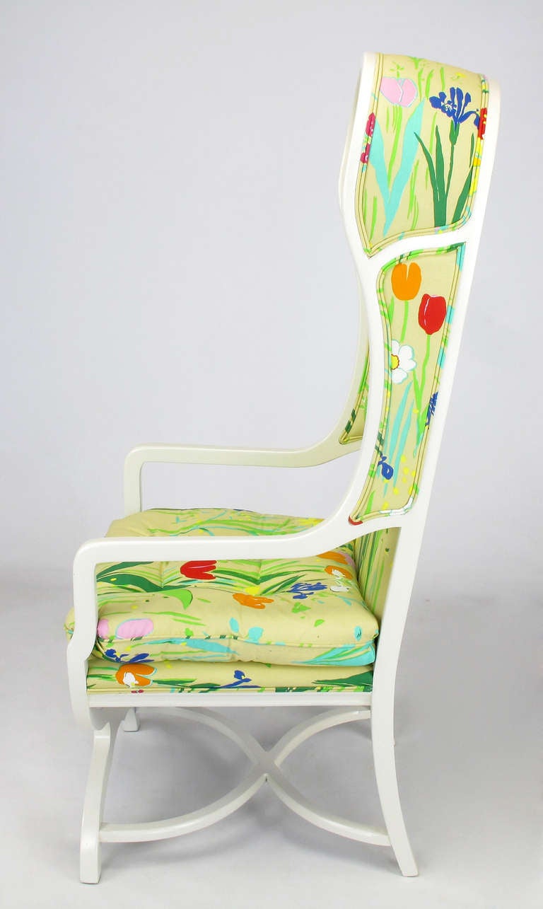 American Curule Leg Hooded Chair With Colorful Brunschwig & Fils Upholstery