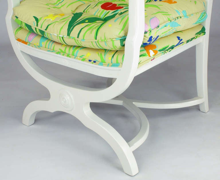 Cotton Curule Leg Hooded Chair With Colorful Brunschwig & Fils Upholstery