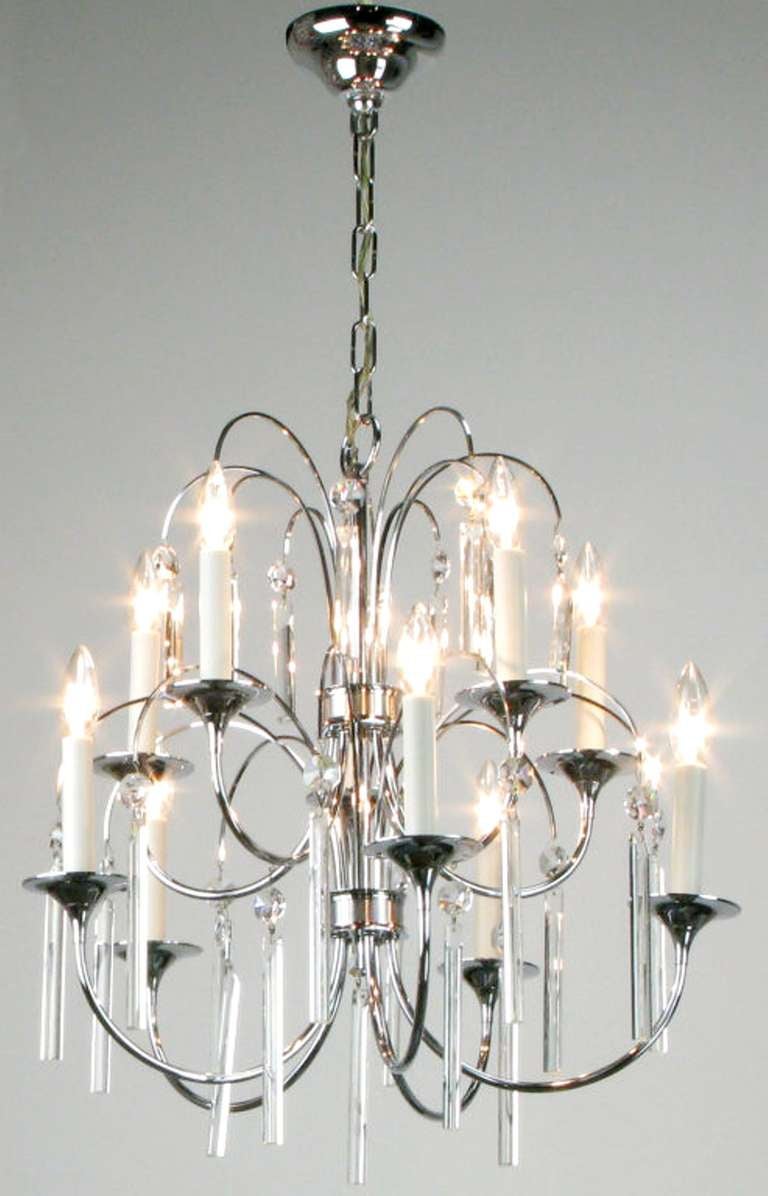 Italian Chrome & Crystal Ten-Arm Waterfall Chandelier In Excellent Condition In Chicago, IL